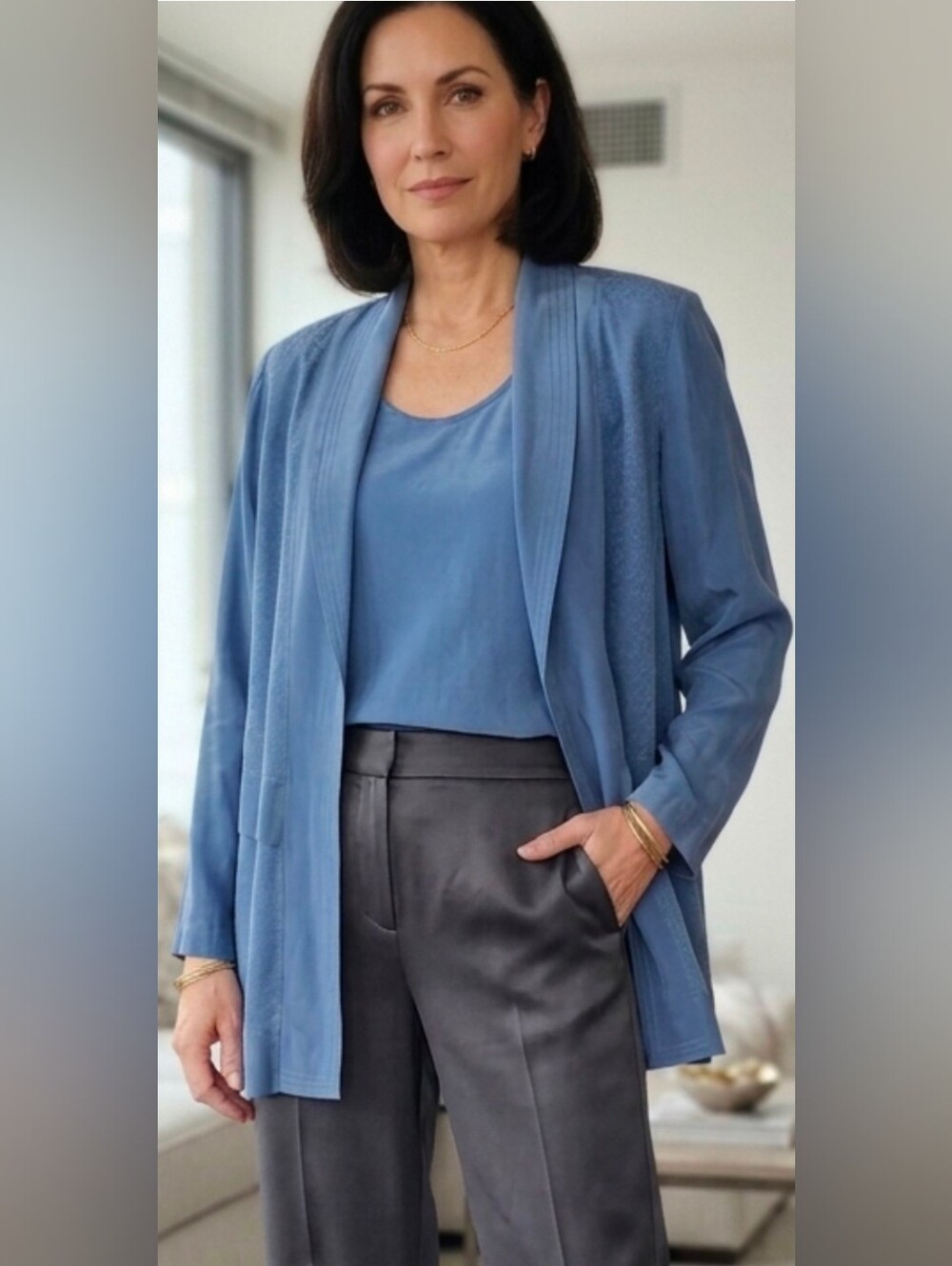 I.C. Collection 100% Silk Cornflower Blue Top & Open Front Blazer Set Size XL